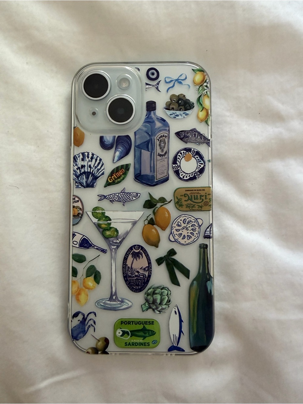 iPhone 15 Clear Decorative Smartphone Case with Blue & Yellow Mediterranean